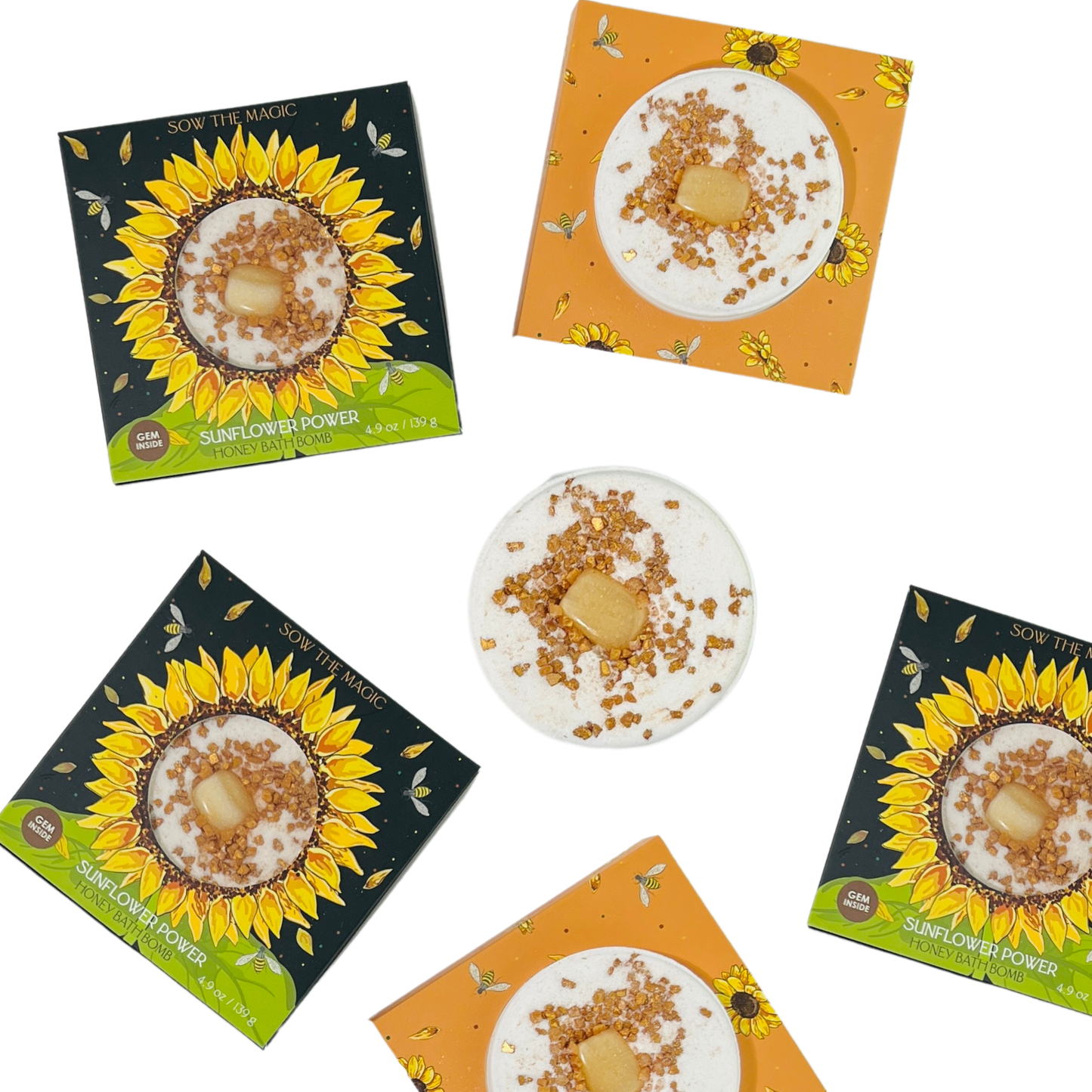 Sunflower Power Honey Bath Bomb w/ Amber Gemstone – Soothing Epsom Salt Ritual