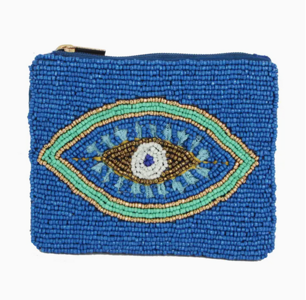 Ladies Blue Fully Beaded Evil Eye Coin Pouch